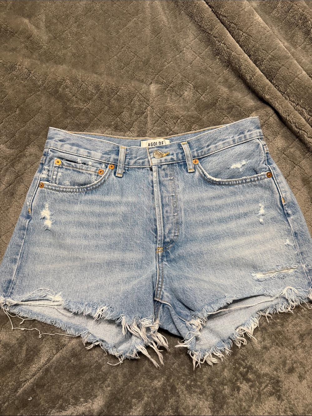 Agolde Light Wash High-Rise Distressed Denim Shorts